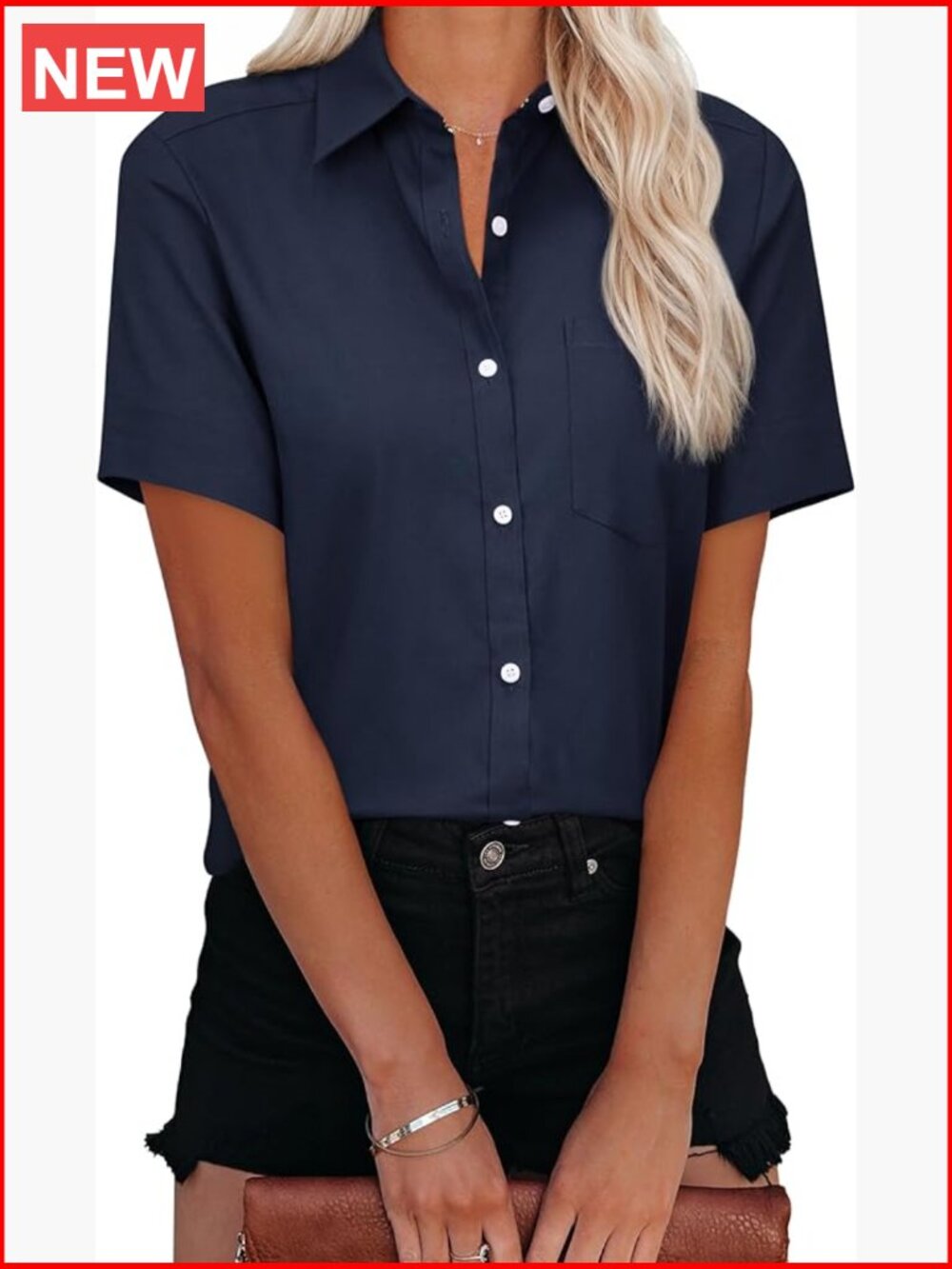 Women's Button Down Short Sleeve Oxford V Neck Collared Blouse with Pocket
